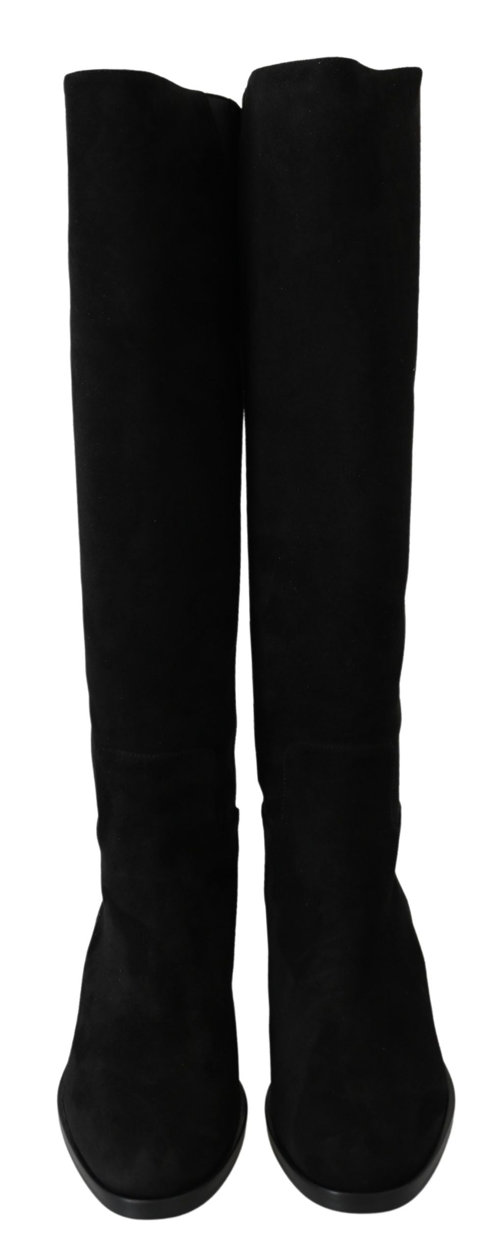 Bottes plates en daim noir Dolce & Gabbana, cuissardes, chaussures élégantes, vue de côté sur fond neutre.