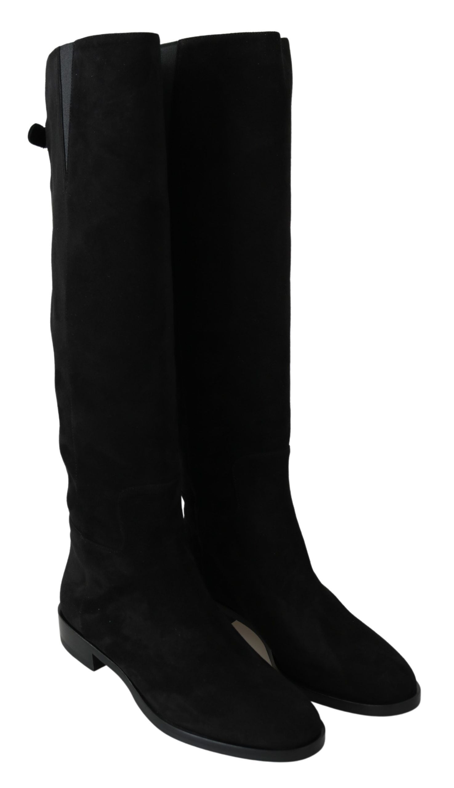 Bottes noires en daim Dolce & Gabbana, bottes hautes plates jusqu'au genou, style élégant et sophistiqué.