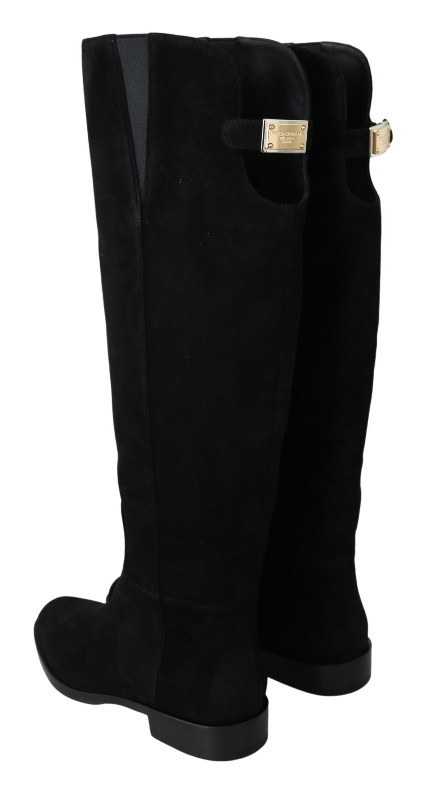 Bottes noires en daim Dolce & Gabbana, hautes jusqu'au genou, chaussures plates élégantes et confortables.