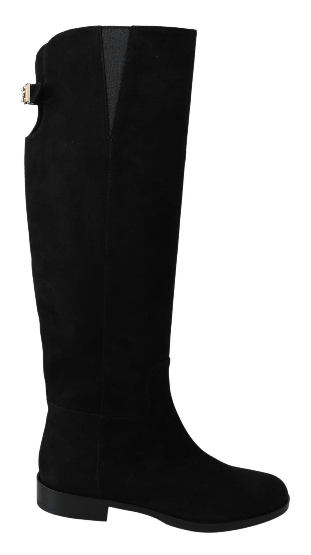 Bottes plates hautes en suède noir de Dolce & Gabbana, chaussures élégantes et confortables pour femmes.
