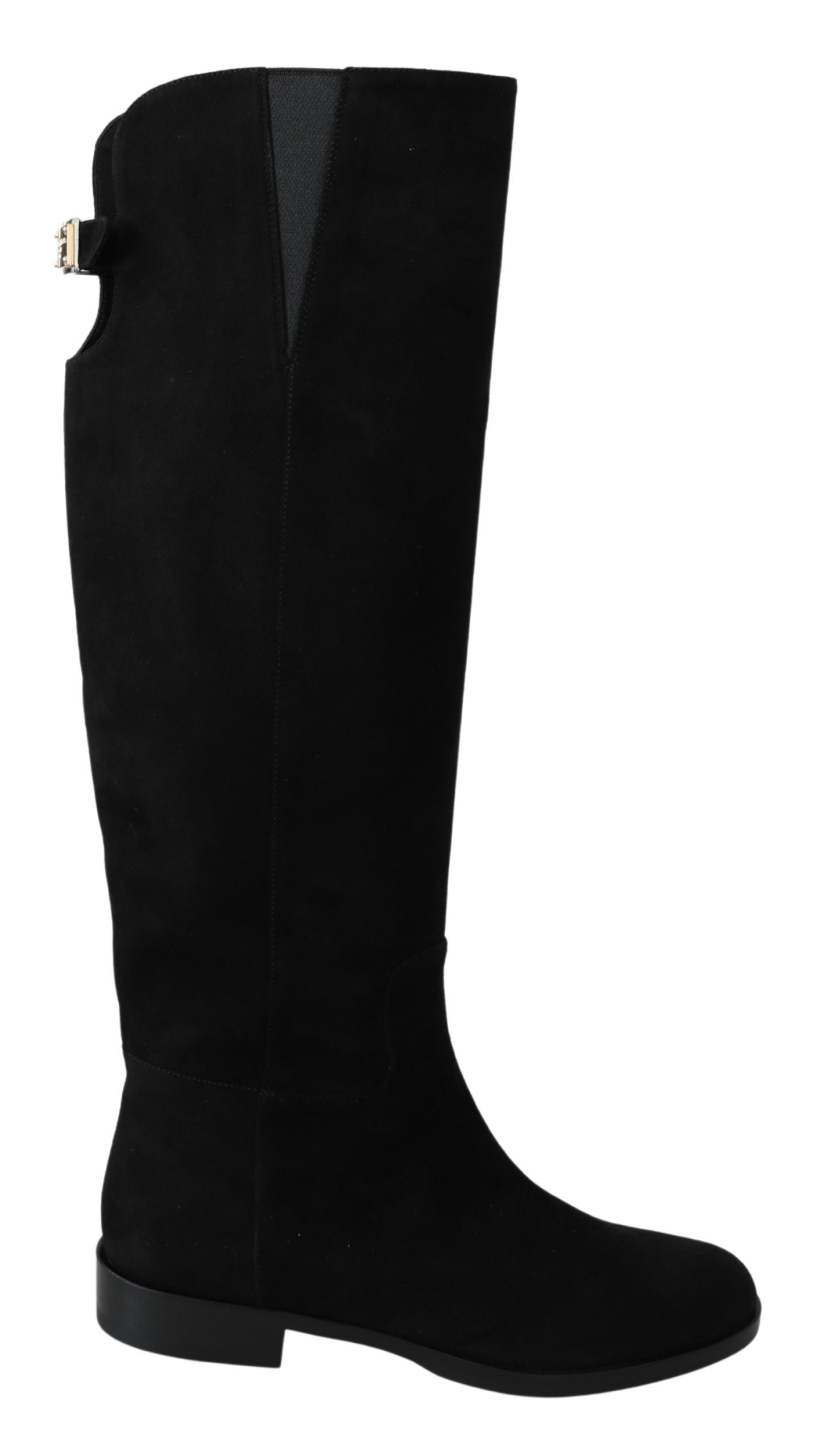 Bottes plates hautes en suède noir de Dolce & Gabbana, chaussures élégantes et confortables pour femmes.