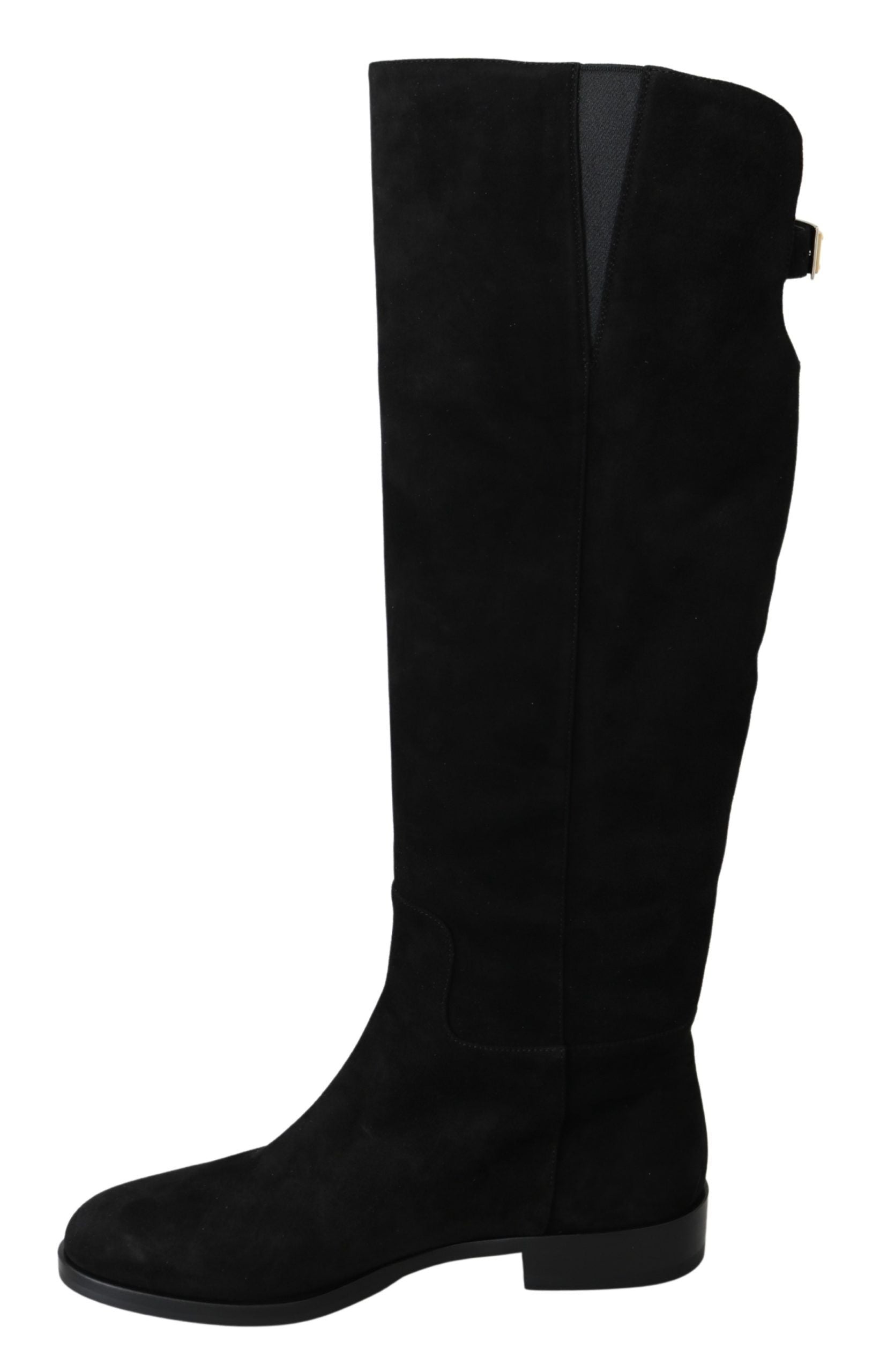 Bottes plates en daim noir Dolce & Gabbana, mi-mollet, hautes et élégantes, chaussure tendance pour femme.
