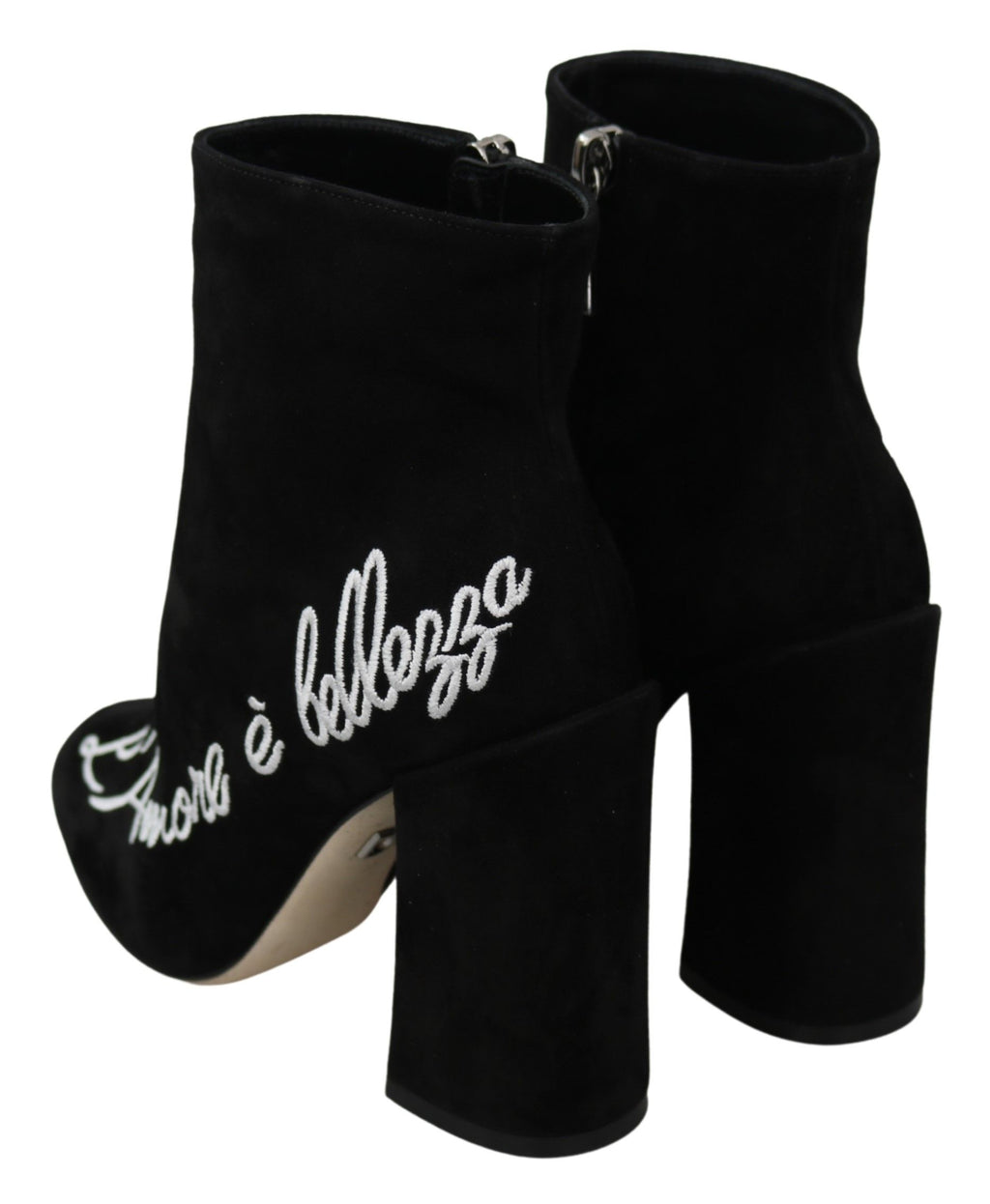 Bottes en daim noir Dolce & Gabbana L'Amore E'Bellezza avec talons et design élégant, vues de côté sur fond blanc.
