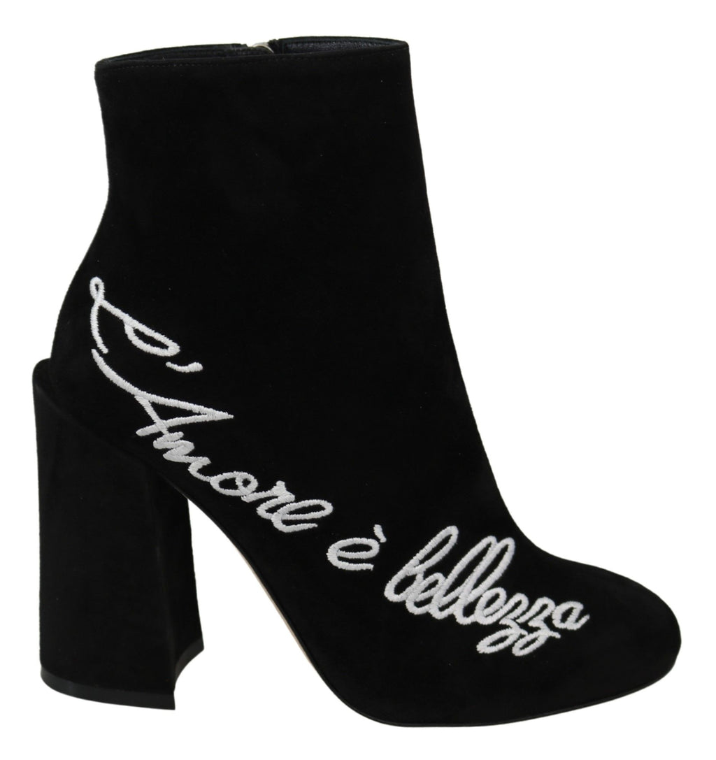 Bottes en daim noir Dolce & Gabbana L'Amore E'Bellezza avec talons et détails élégants, conçues pour un style sophistiqué