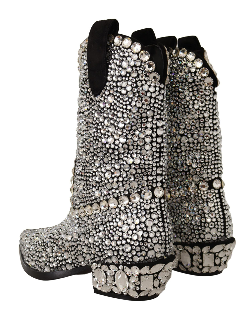 Bottes cowgirl en daim noir Dolce & Gabbana avec strass et cristaux, style élégant et glamour.