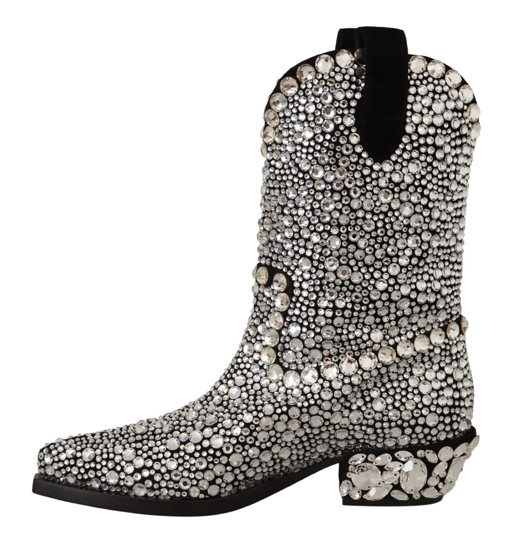 Bottes de cowgirl en daim noir Dolce & Gabbana avec strass et cristaux, élégantes et ornées de détails brillants.