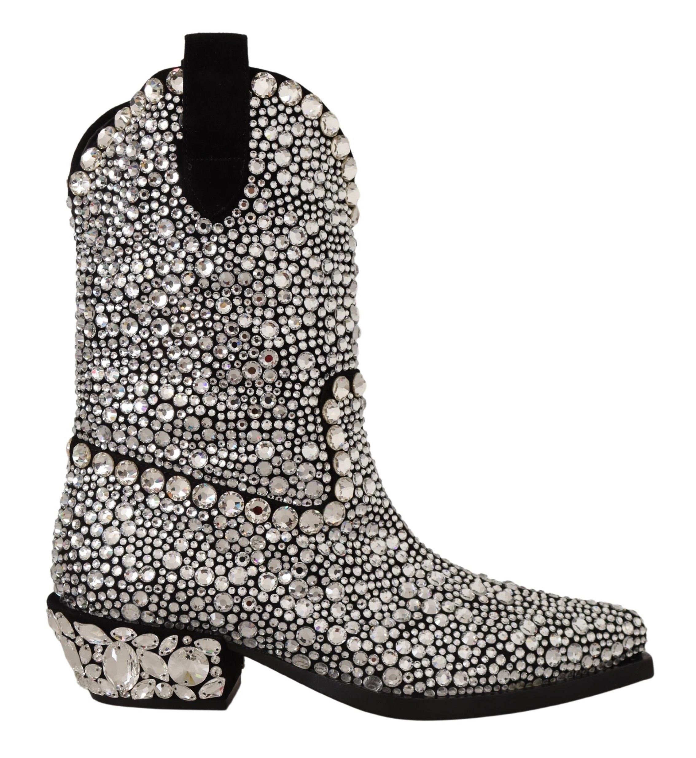 Bottes cowgirl en daim noir Dolce & Gabbana avec strass et cristaux, style élégant et tendance.