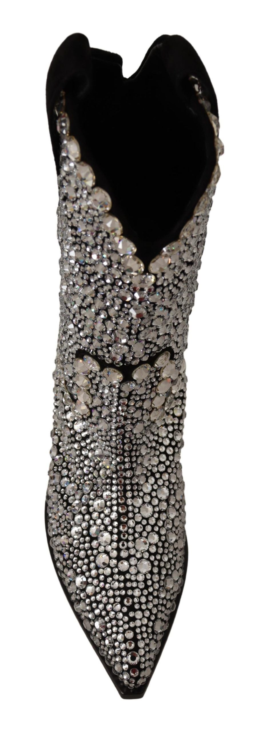 Bottes de cowgirl en daim noir Dolce & Gabbana avec strass et cristaux, style élégant et glamour.