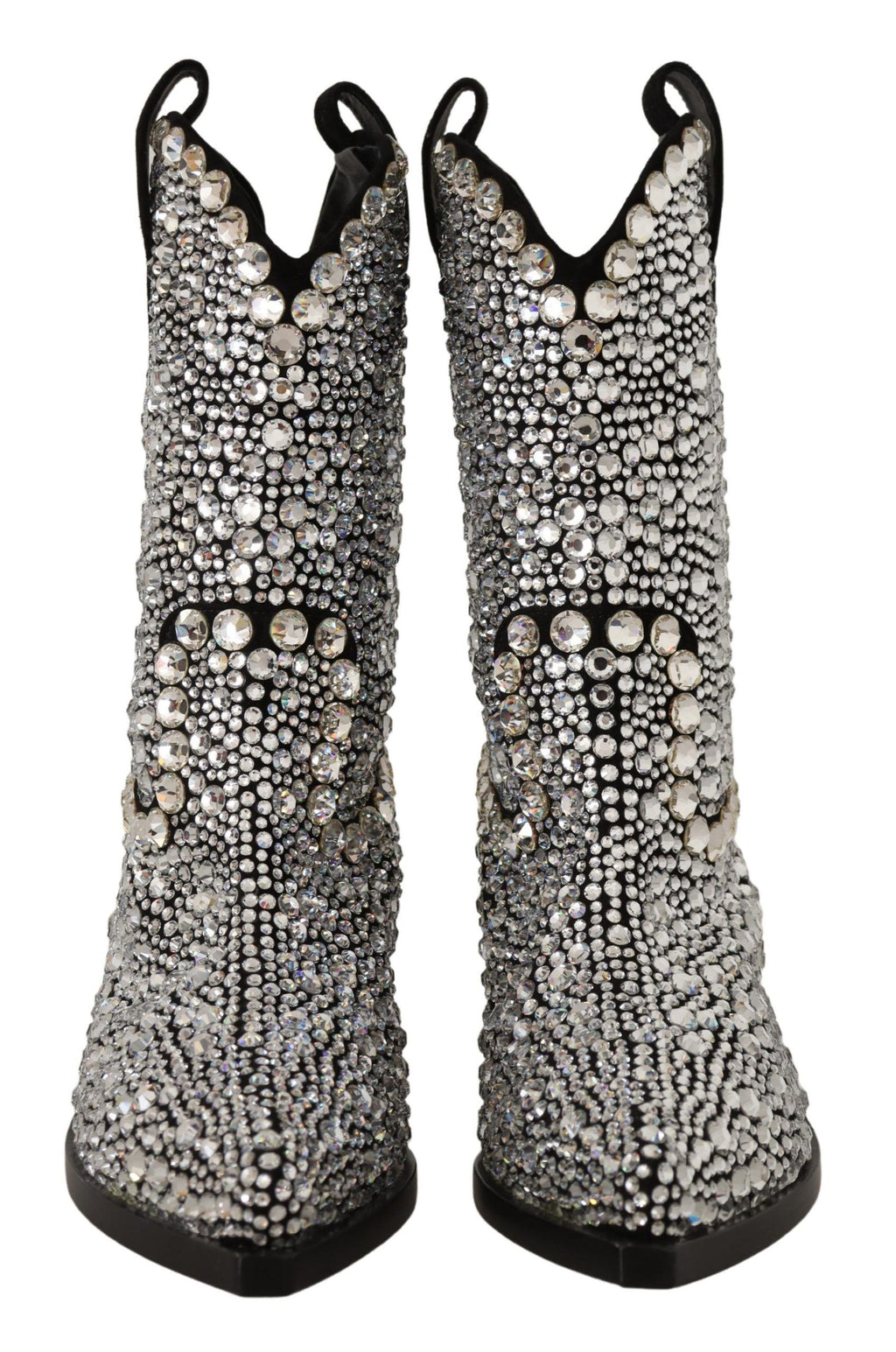 Bottes de cowgirl en daim noir Dolce & Gabbana ornées de strass et cristaux, style élégant et sophistiqué.