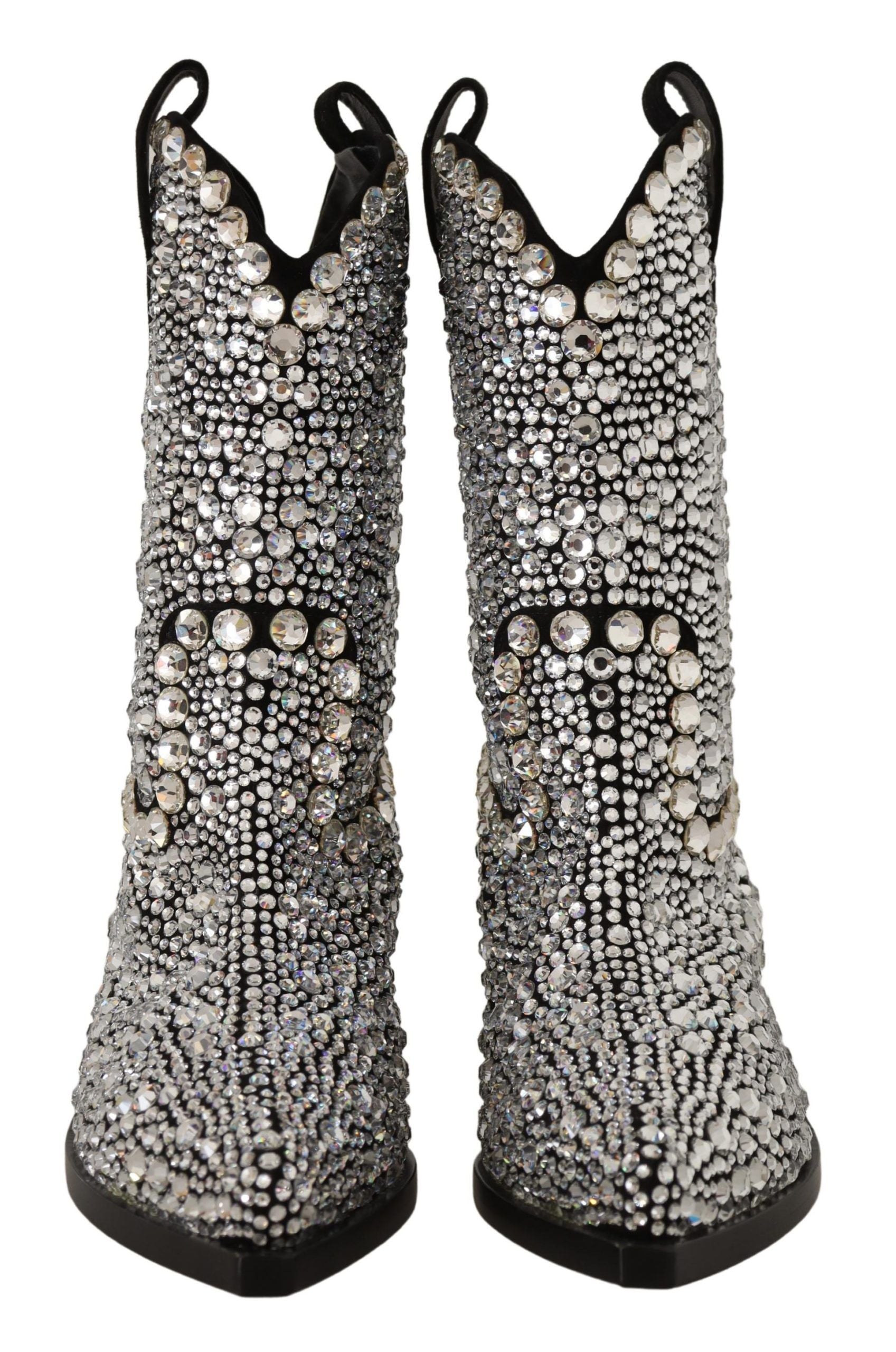 Bottes de cowgirl en daim noir Dolce & Gabbana ornées de strass et cristaux, style élégant et sophistiqué.