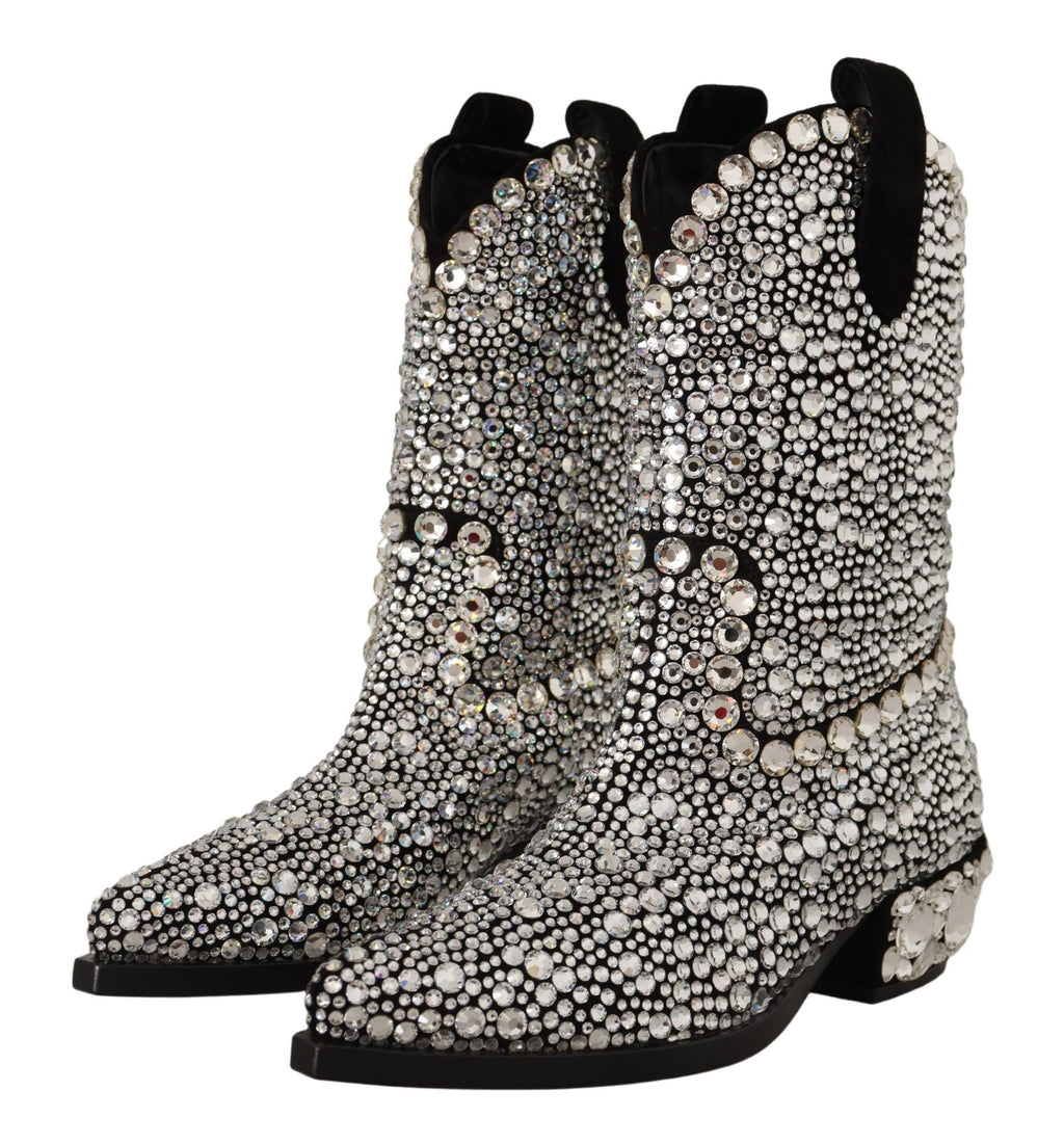 Bottes de cowgirl en daim noir Dolce & Gabbana avec strass et cristaux, style élégant et sophistiqué.