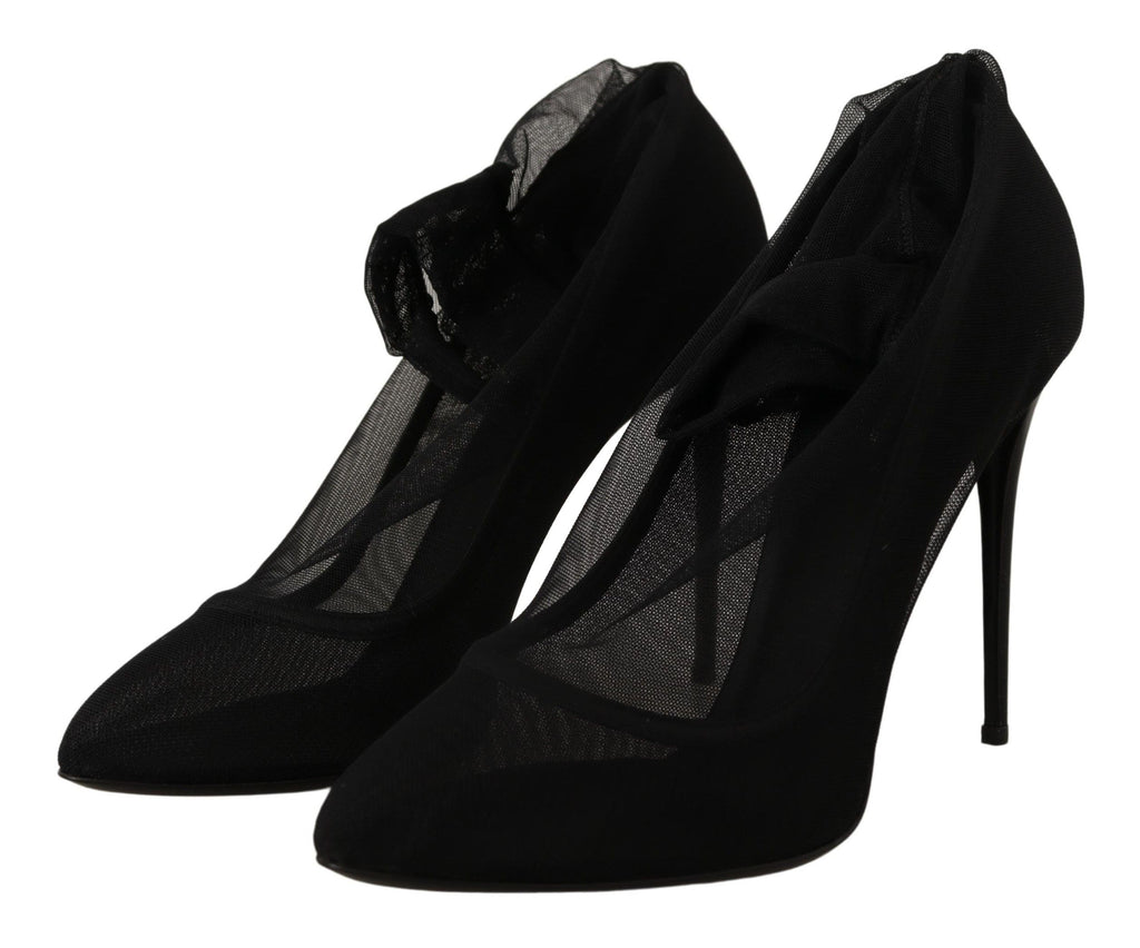 Chaussures à talons Dolce & Gabbana en tulle noir, bottines à stretch et pompe élégante, vue de face.