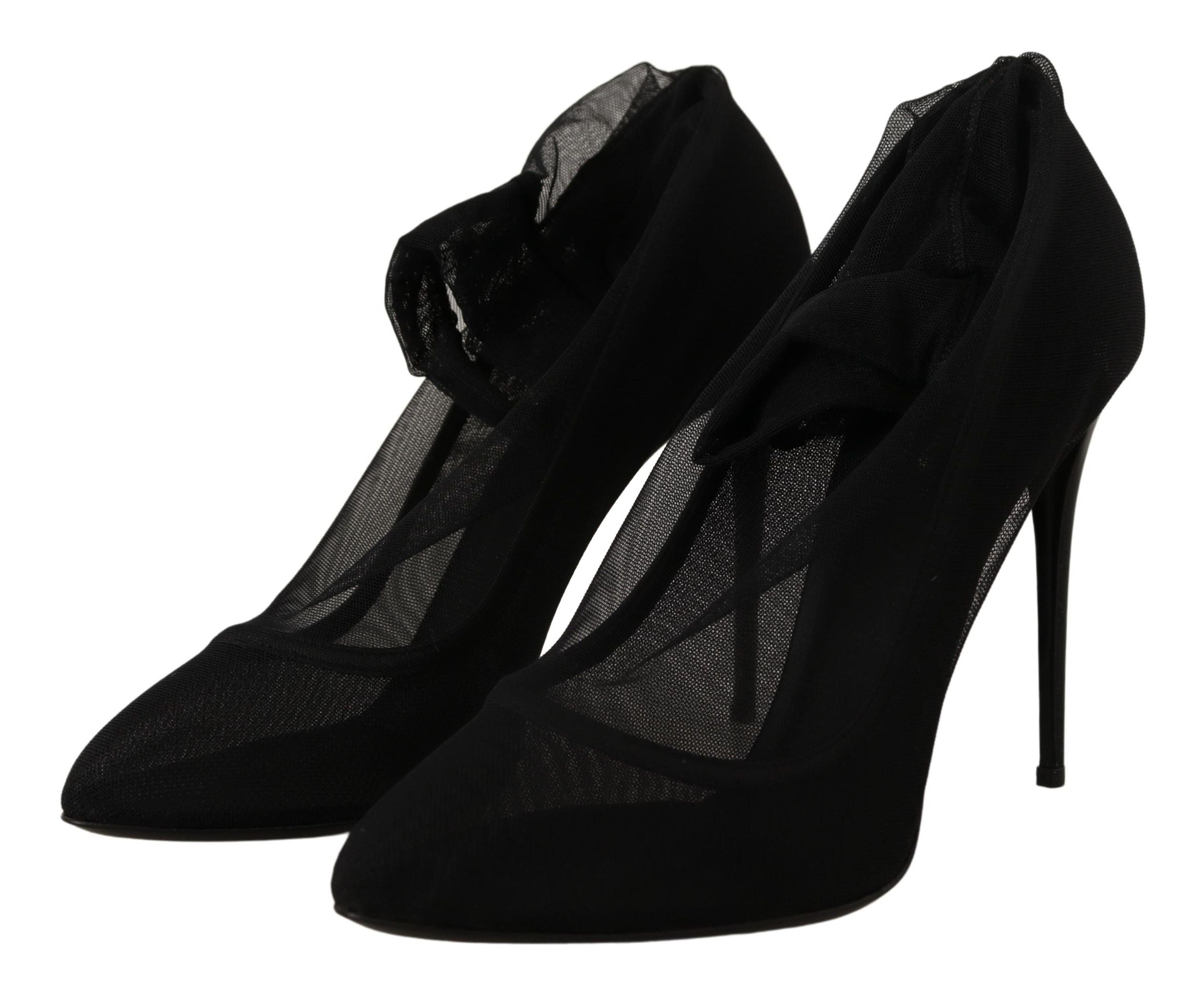 Chaussures à talons Dolce & Gabbana en tulle noir, bottines à stretch et pompe élégante, vue de face.