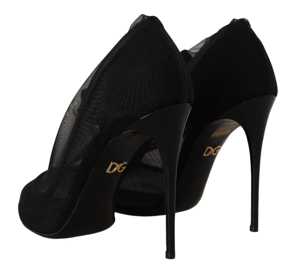 Chaussures Dolce & Gabbana à talons, bottines en tulle noir extensible, style élégant et sophistiqué.