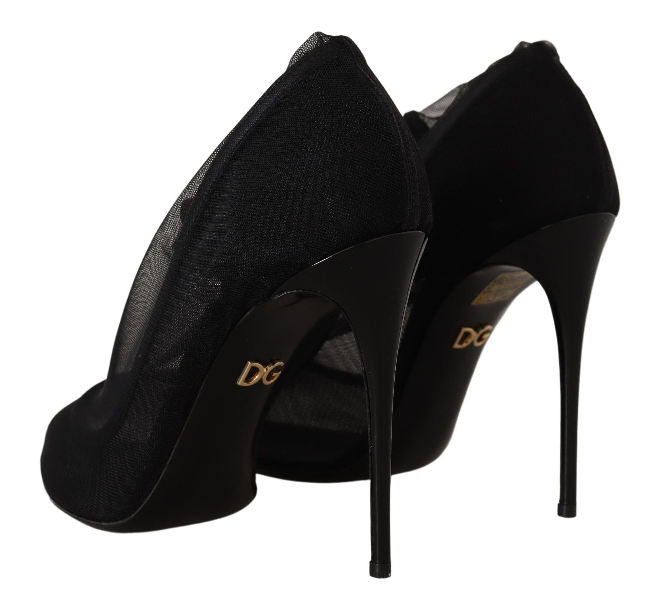Chaussures Dolce & Gabbana à talons, bottines en tulle noir extensible, style élégant et sophistiqué.