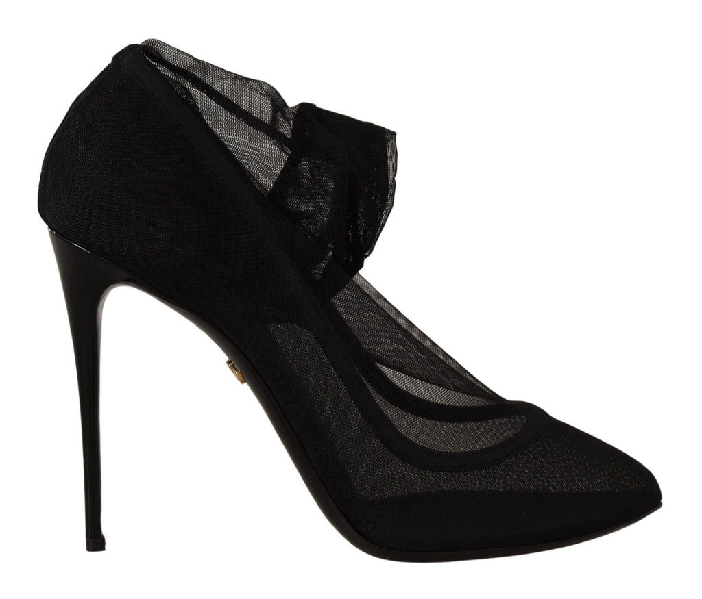 Chaussures à talons Dolce & Gabbana en tulle noir, bottines stretch élégantes avec talons pumps, vue de face.