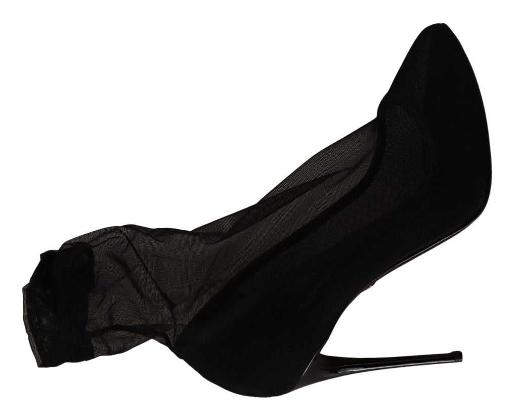 Chaussures Dolce & Gabbana à talons, bottines en tulle noir extensible, élégantes et sophistiquées pour femmes.