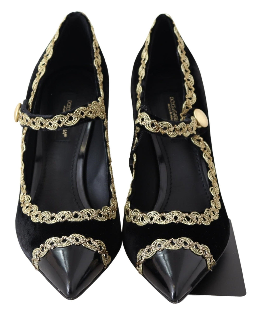 Chaussures Dolce & Gabbana Mary Janes en velours noir avec détails dorés, semelle en cuir et design élégant.