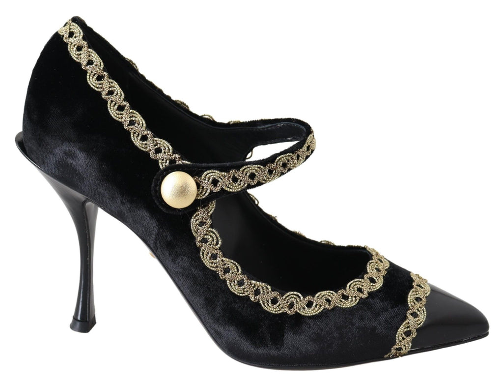 Chaussures Dolce & Gabbana Mary Janes en velours noir avec détails dorés, pointure EU35, vue de profil sur fond blanc.