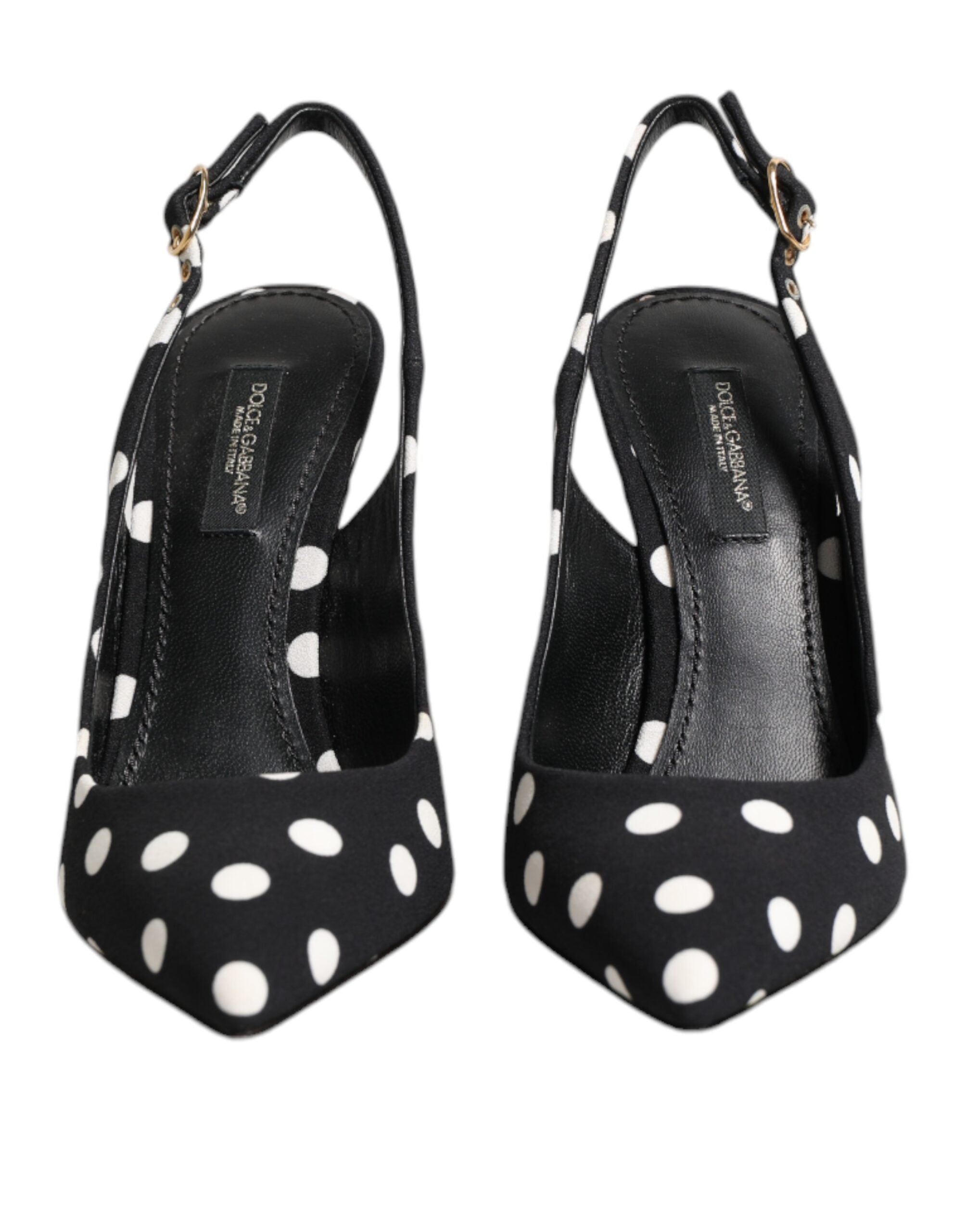 Chaussures stilettos à talons avec boucle, noir et blanc à pois, marque Dolce & Gabbana, élégantes chaussures à talon pour femmes