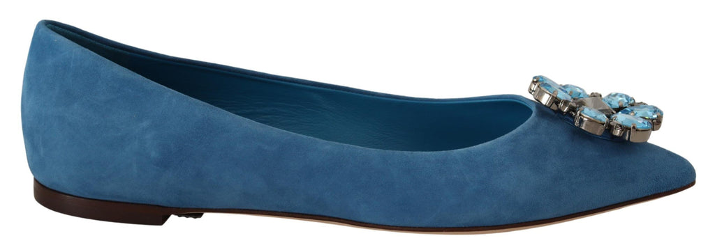 Chaussures Dolce & Gabbana, mocassins en daim bleu avec cristaux, flats élégants pour femme, vue de face.
