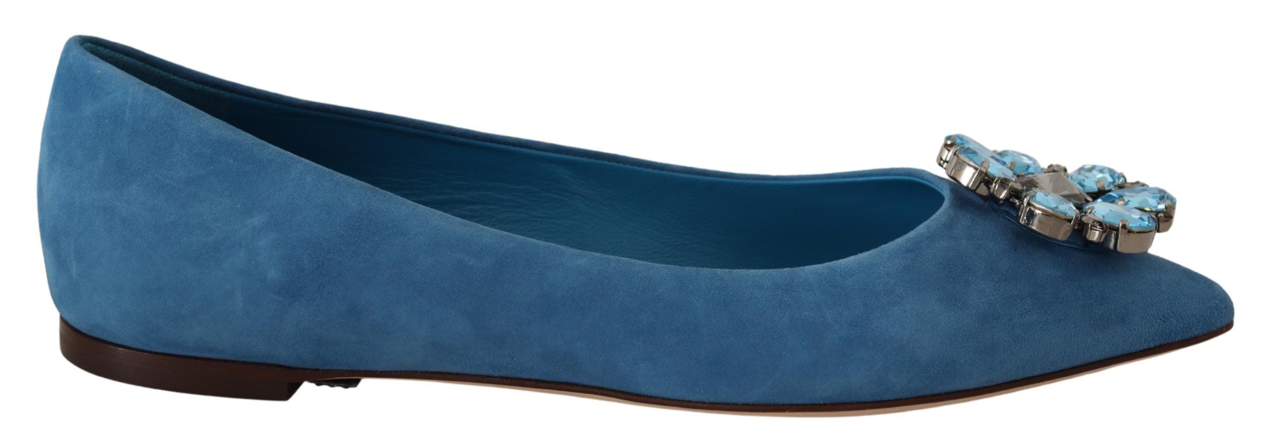 Chaussures Dolce & Gabbana, mocassins en daim bleu avec cristaux, flats élégants pour femme, vue de face.