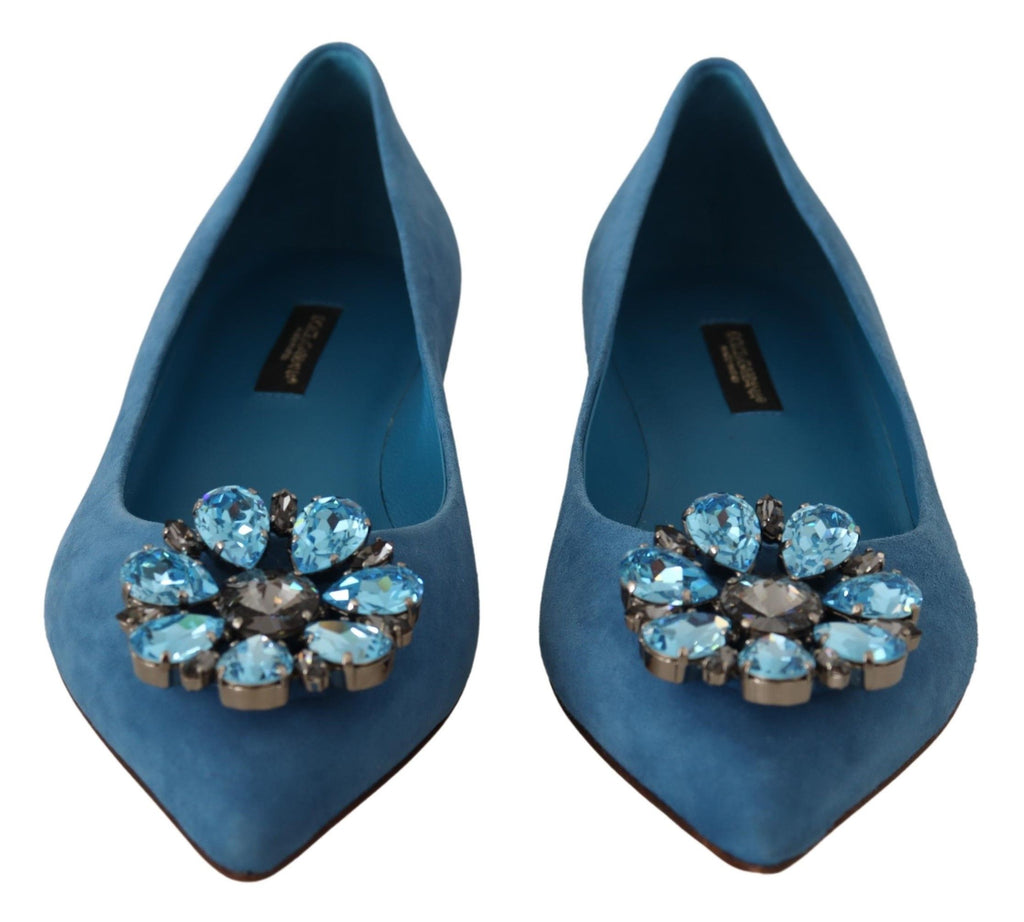 Chaussures mocassins en daim bleu Dolce & Gabbana avec cristaux, chaussures plates élégantes pour femmes.