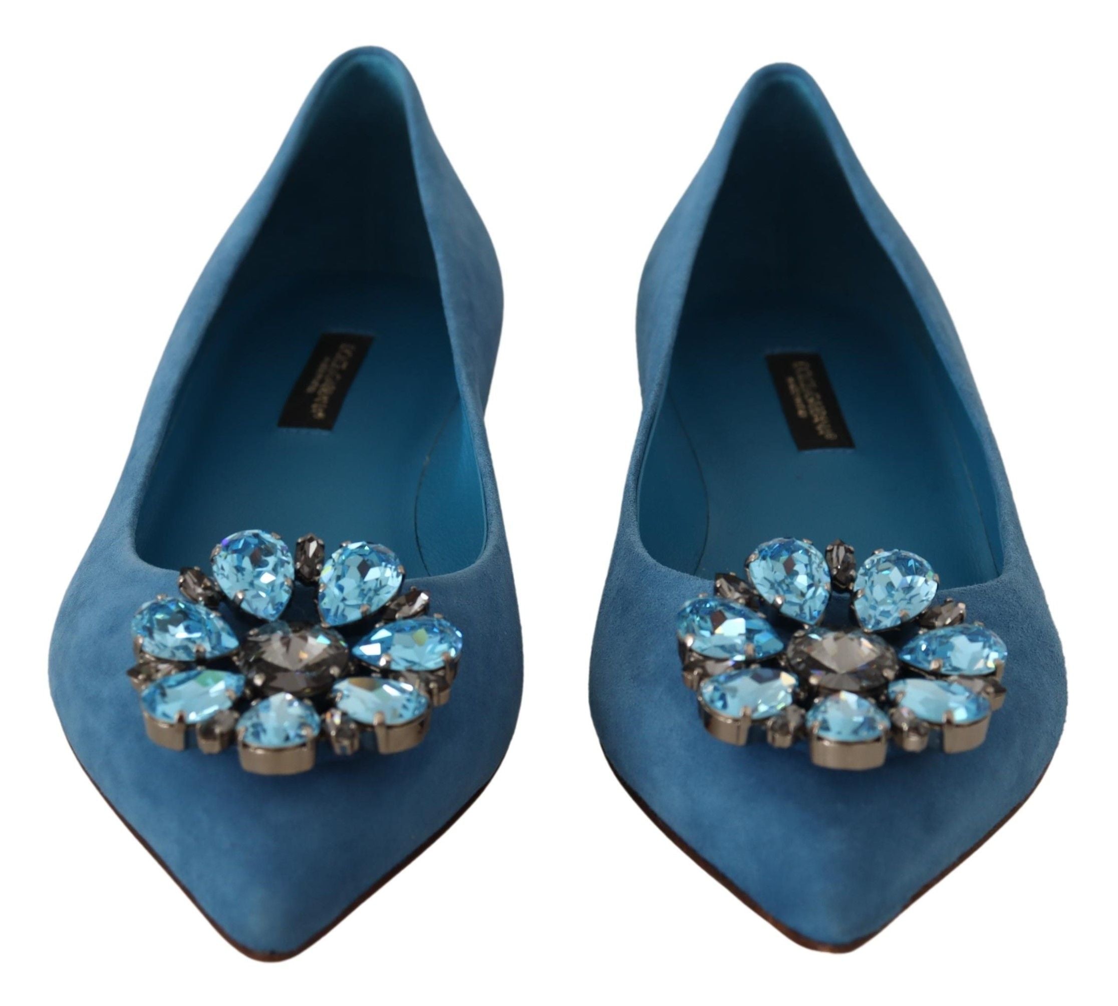Chaussures mocassins en daim bleu Dolce & Gabbana avec cristaux, chaussures plates élégantes pour femmes.