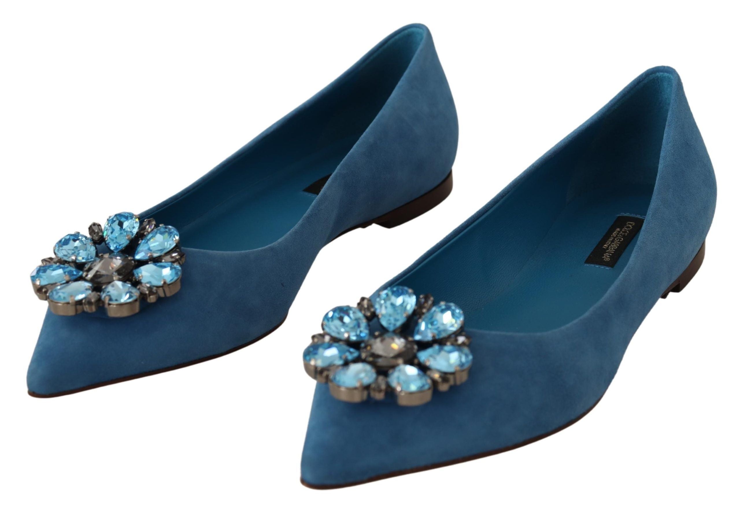 Chaussures plates en daim bleu Dolce & Gabbana avec cristaux, loafers élégants pour femmes.