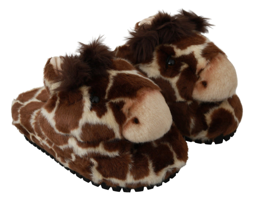 Chaussures Dolce & Gabbana en daim marron avec motif girafe, slippers plates et confortables pour femme.