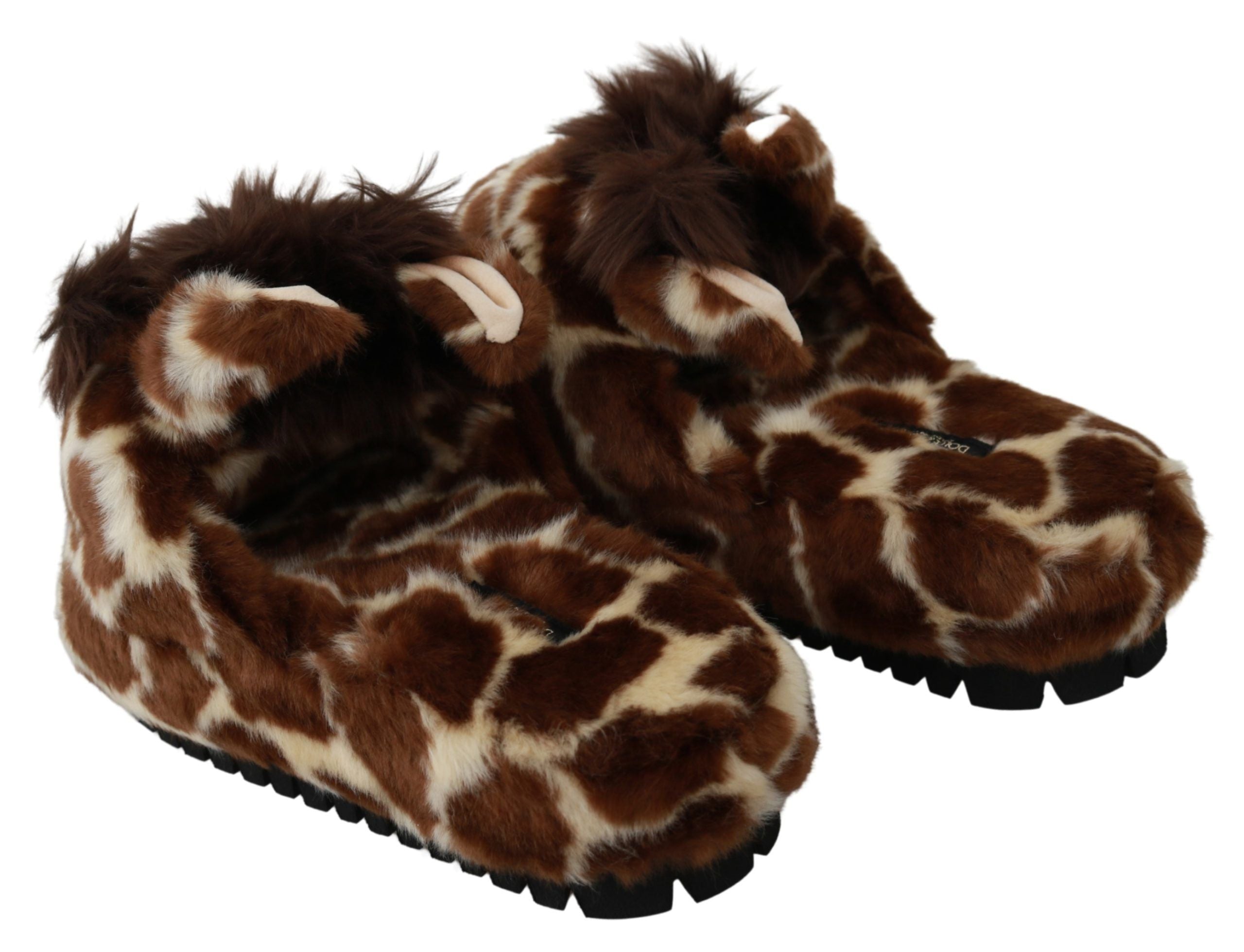 Chaussons plats Dolce & Gabbana en cuir marron avec motif girafe, chaussures confortables et élégantes.