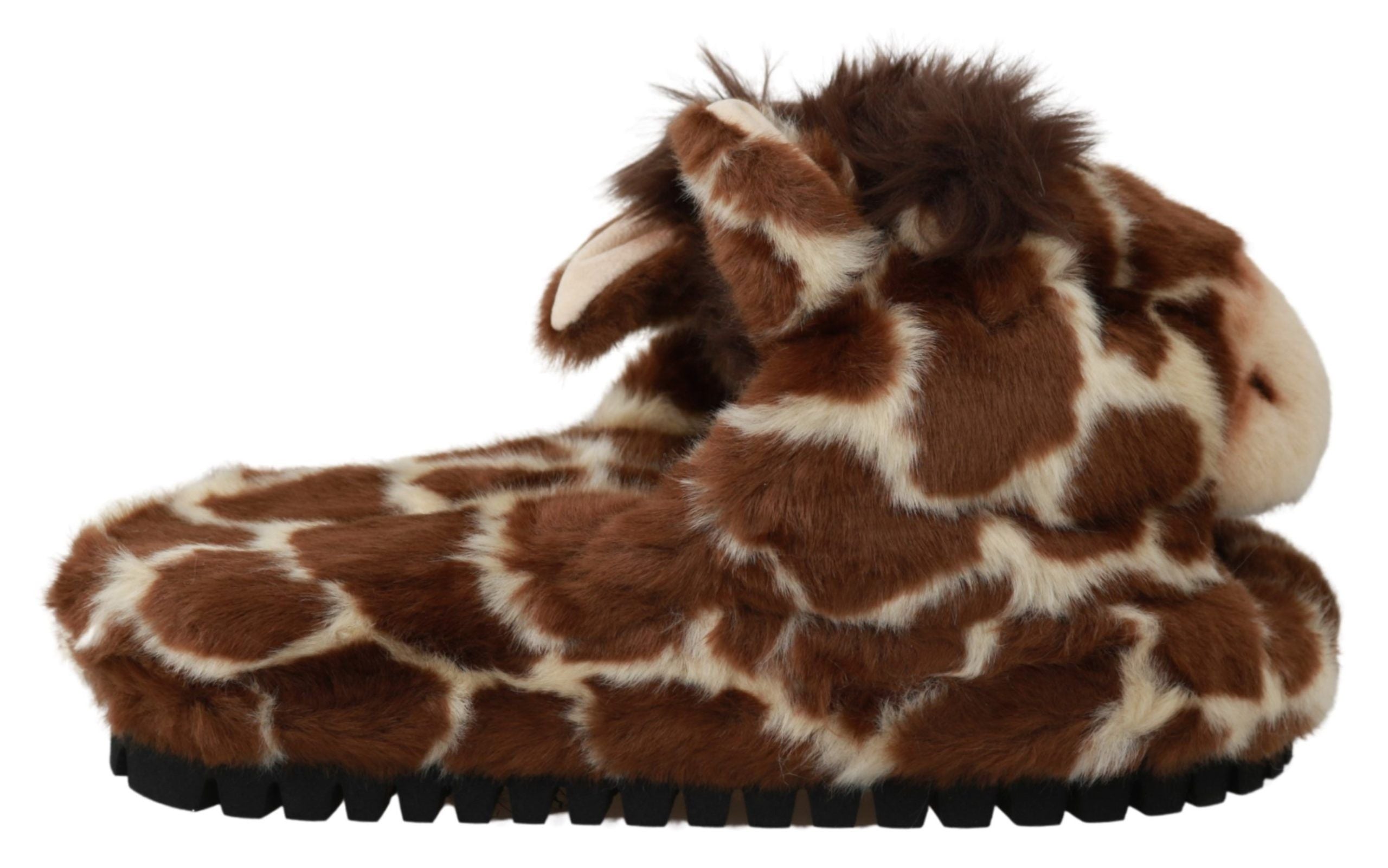 Mules Dolce & Gabbana à motif girafe marron, chaussures plates en toile avec semelle confortable et design élégant.