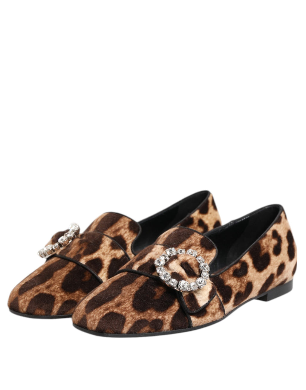 Mocassins Dolce & Gabbana en cuir marron avec imprimé léopard et cristaux, chaussures plates élégantes pour femmes.