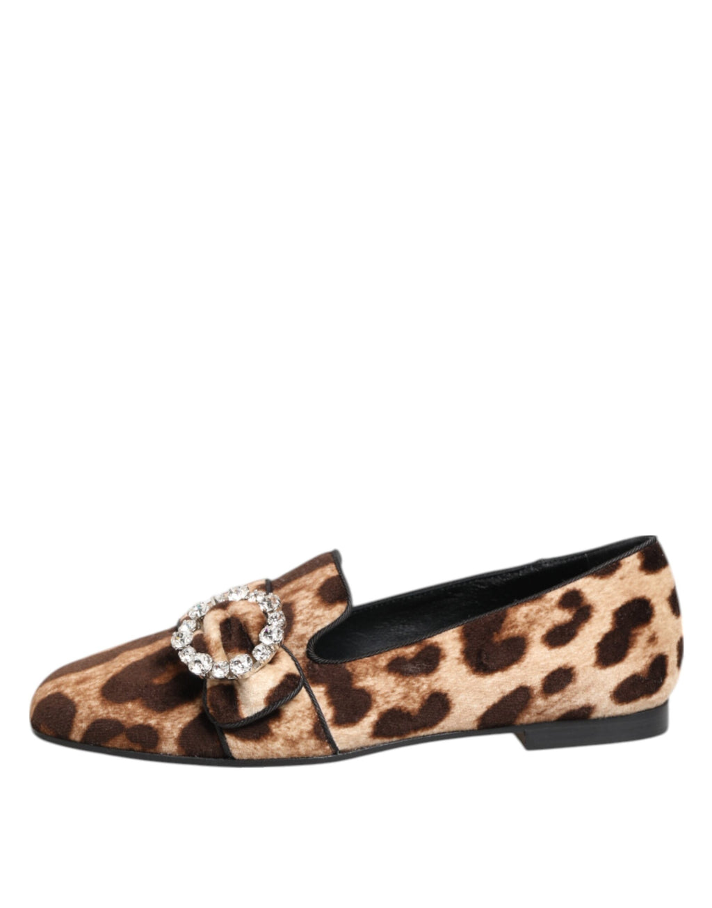 Chaussures plates Dolce & Gabbana en daim brun avec motif léopard et cristaux, mocassins confortables pour femmes.