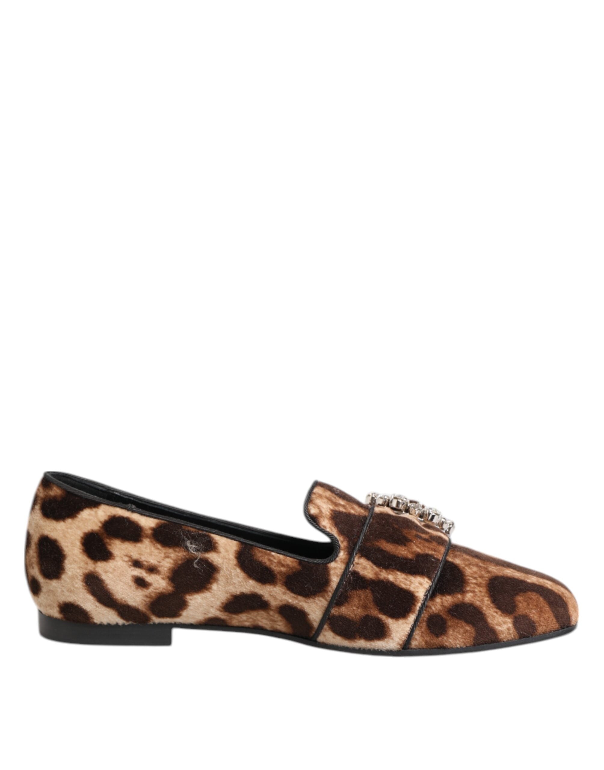 Chaussures plates Dolce & Gabbana en daim marron avec imprimé léopard et cristaux, élégantes mocassins à semelle plate.