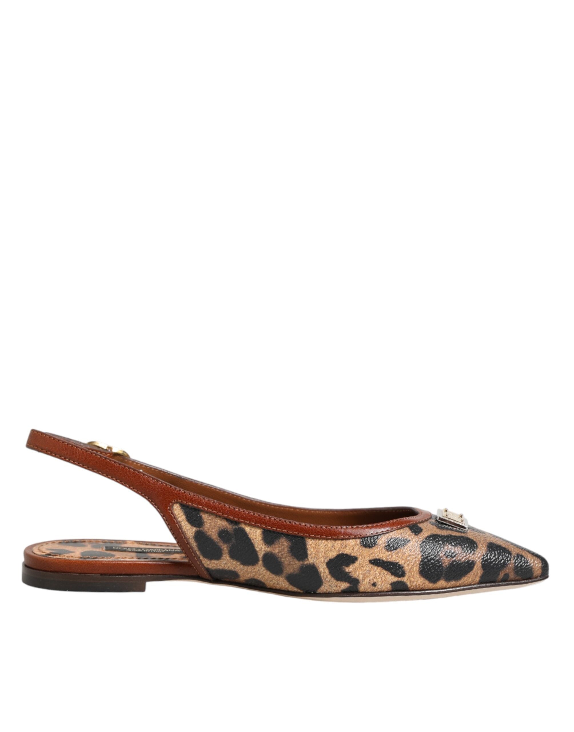 Chaussures plates à talon compensé Dolce & Gabbana en cuir marron avec motif léopard, sandales à talons slingback élégantes.
