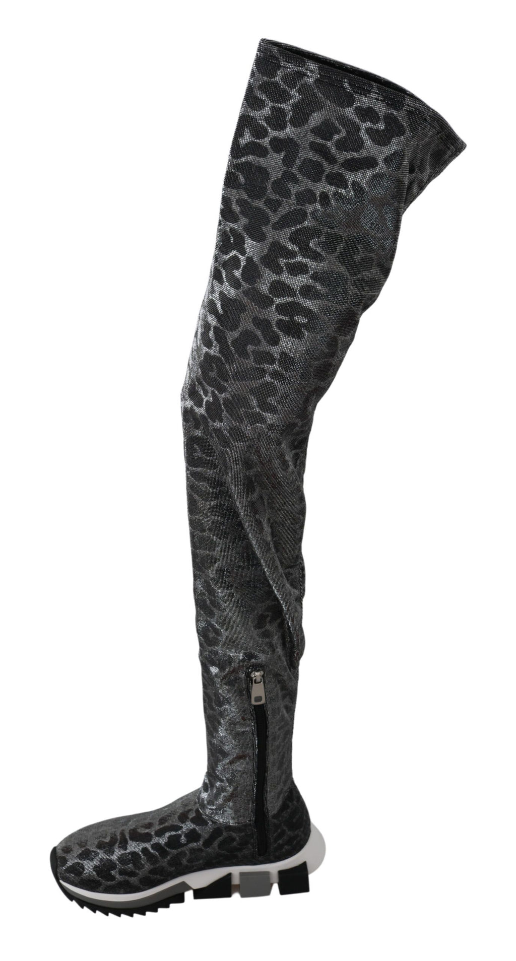 Chaussures décontractées Dolce & Gabbana, baskets montantes gris léopard en toile avec semelle blanche.