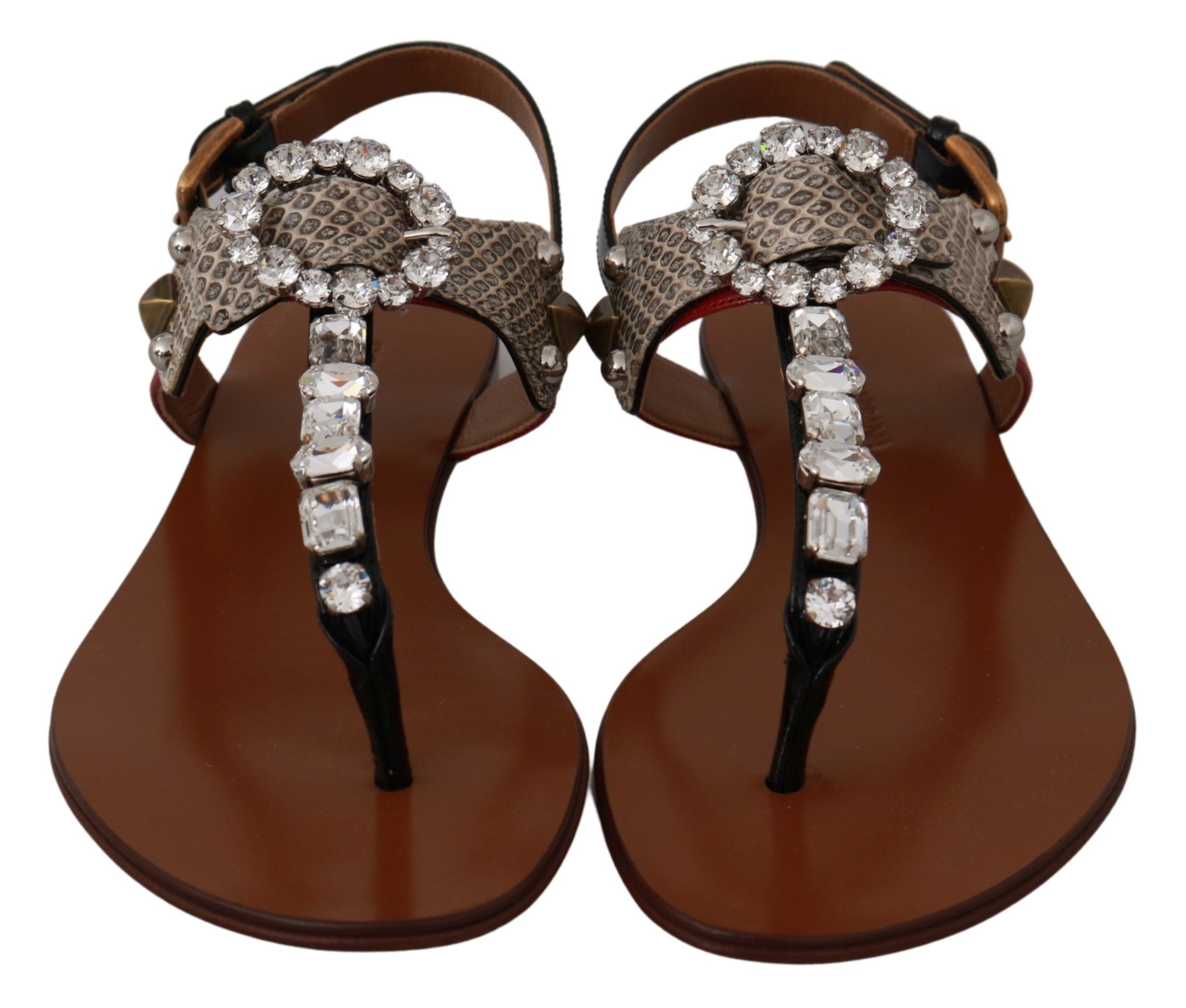 Sandales à talons en cuir Dolce & Gabbana avec cristaux, style élégant et sophistiqué, visibles sur la paire.