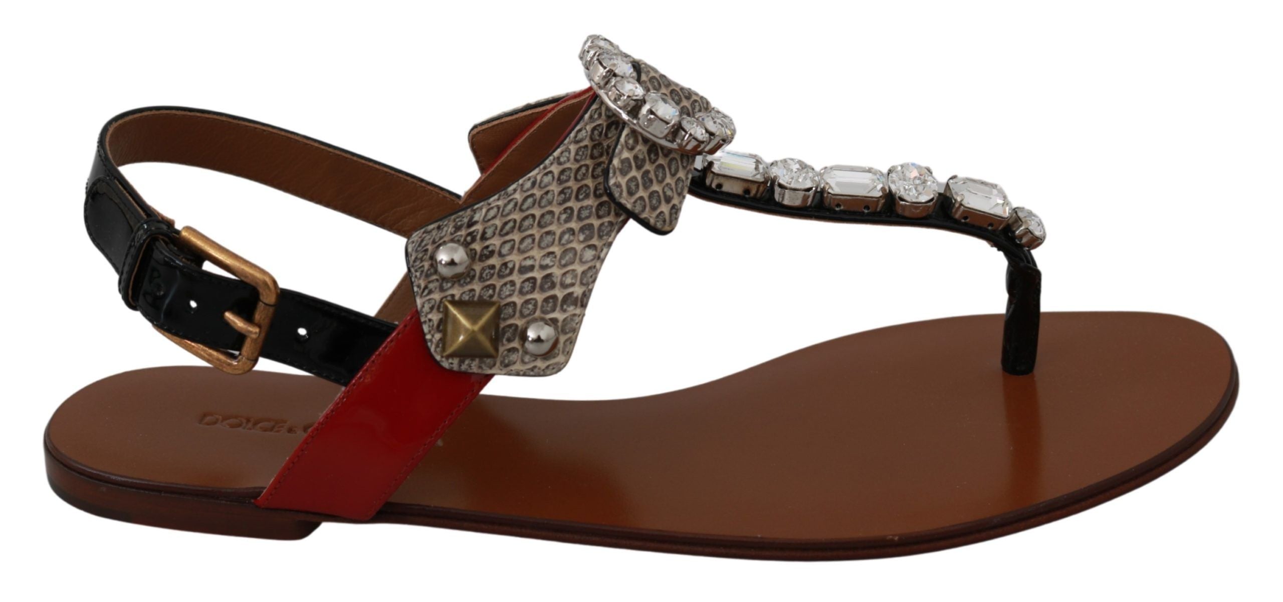 Sandales plates Dolce & Gabbana en cuir avec cristaux, chaussons élégants pour été, style sophistiqué et confortable.
