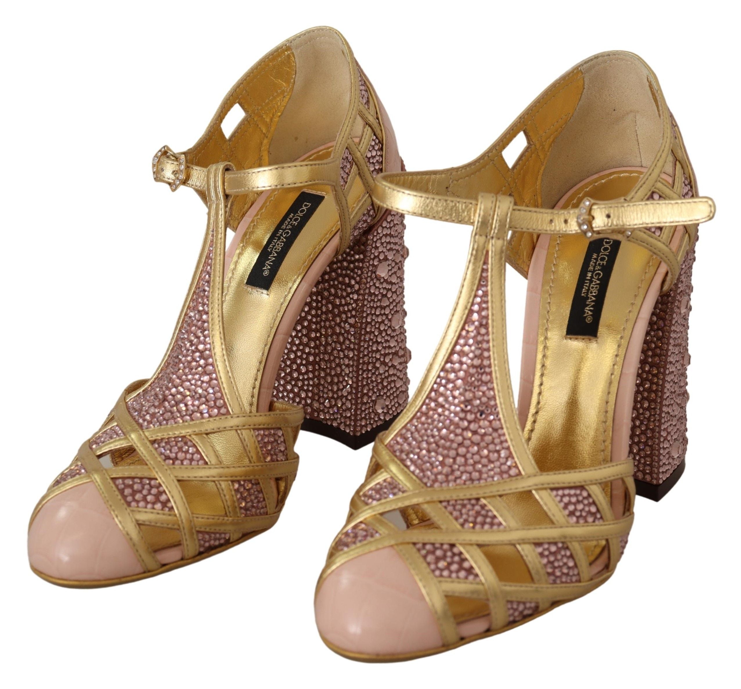 Escarpins Dolce & Gabbana en cuir rose et or avec cristaux, bride T-strap élégante et raffinée.