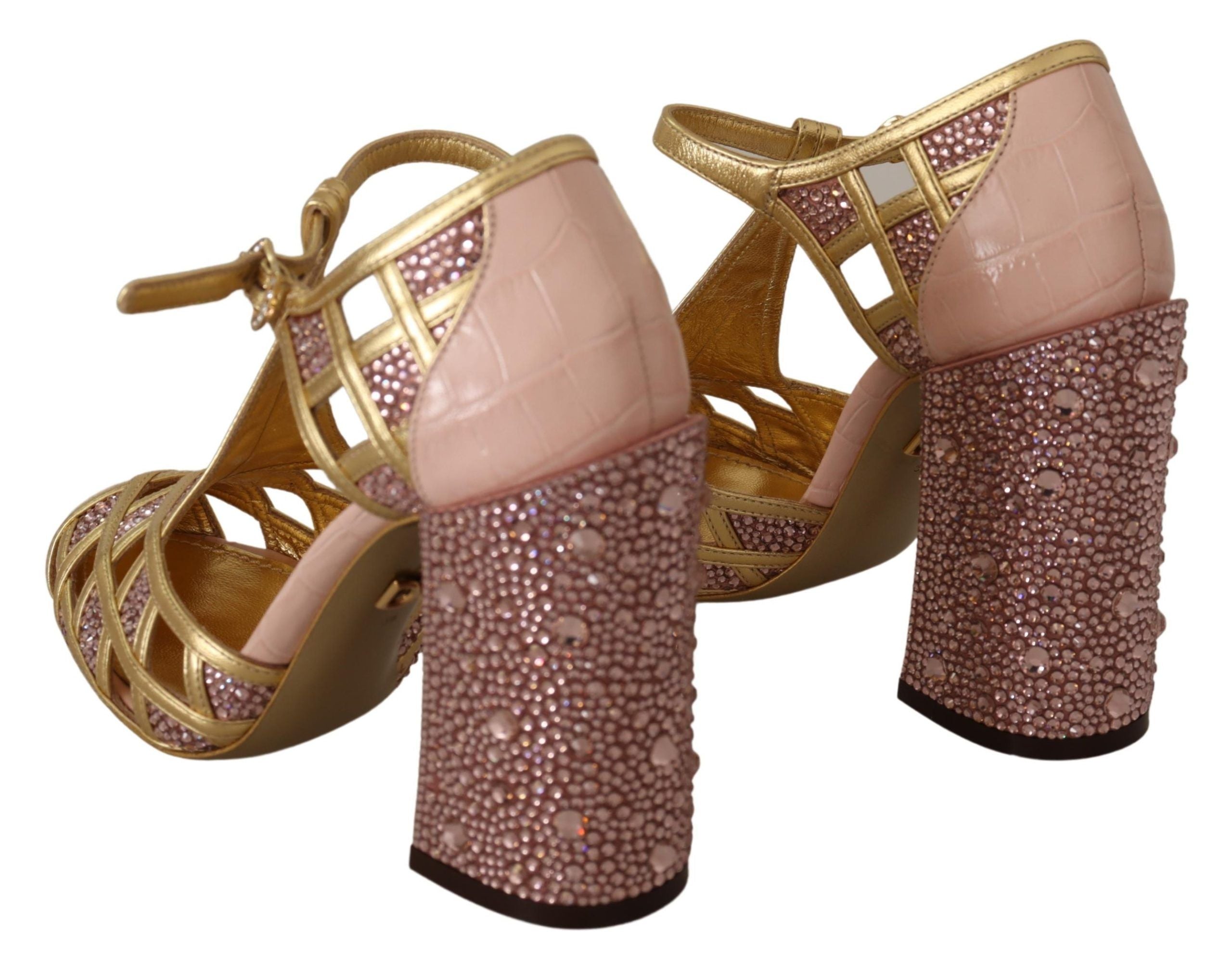 Escarpins en cuir rose doré Dolce & Gabbana avec cristaux et bride en T, chaussures élégantes pour femmes.