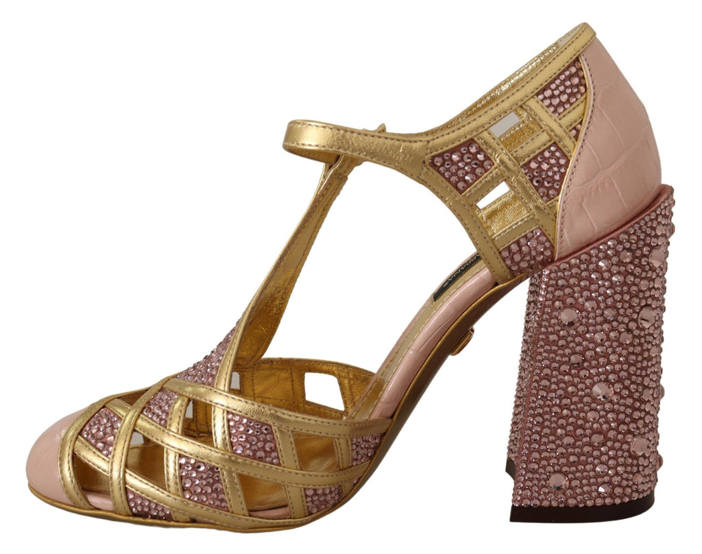 Escarpins en cuir rose doré Dolce & Gabbana avec cristaux et bride en T, chaussures élégantes pour femme.