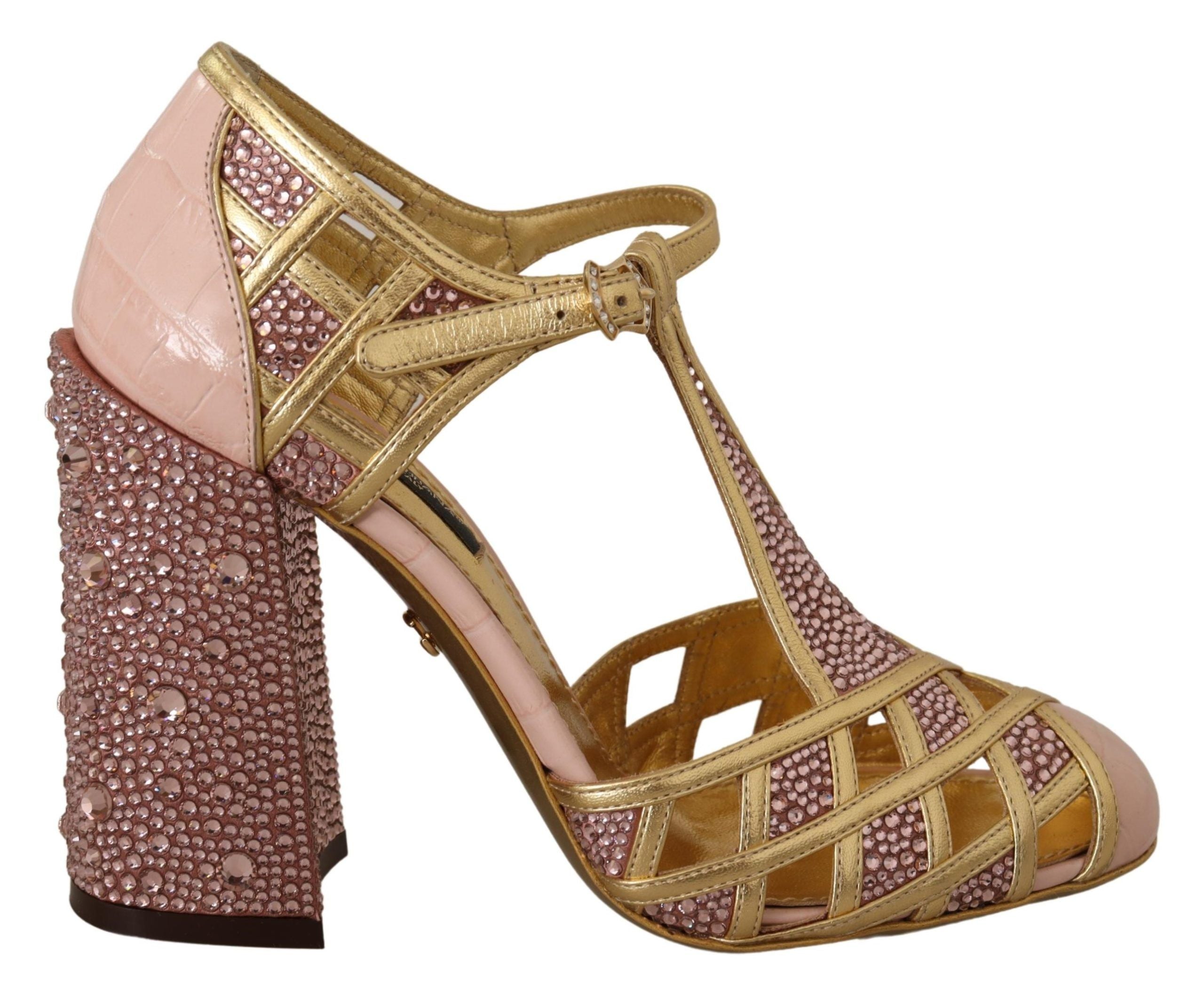 Chaussures à talons Dolce & Gabbana en cuir rose gold avec cristaux et bride T-strap, élégantes et sophistiquées.