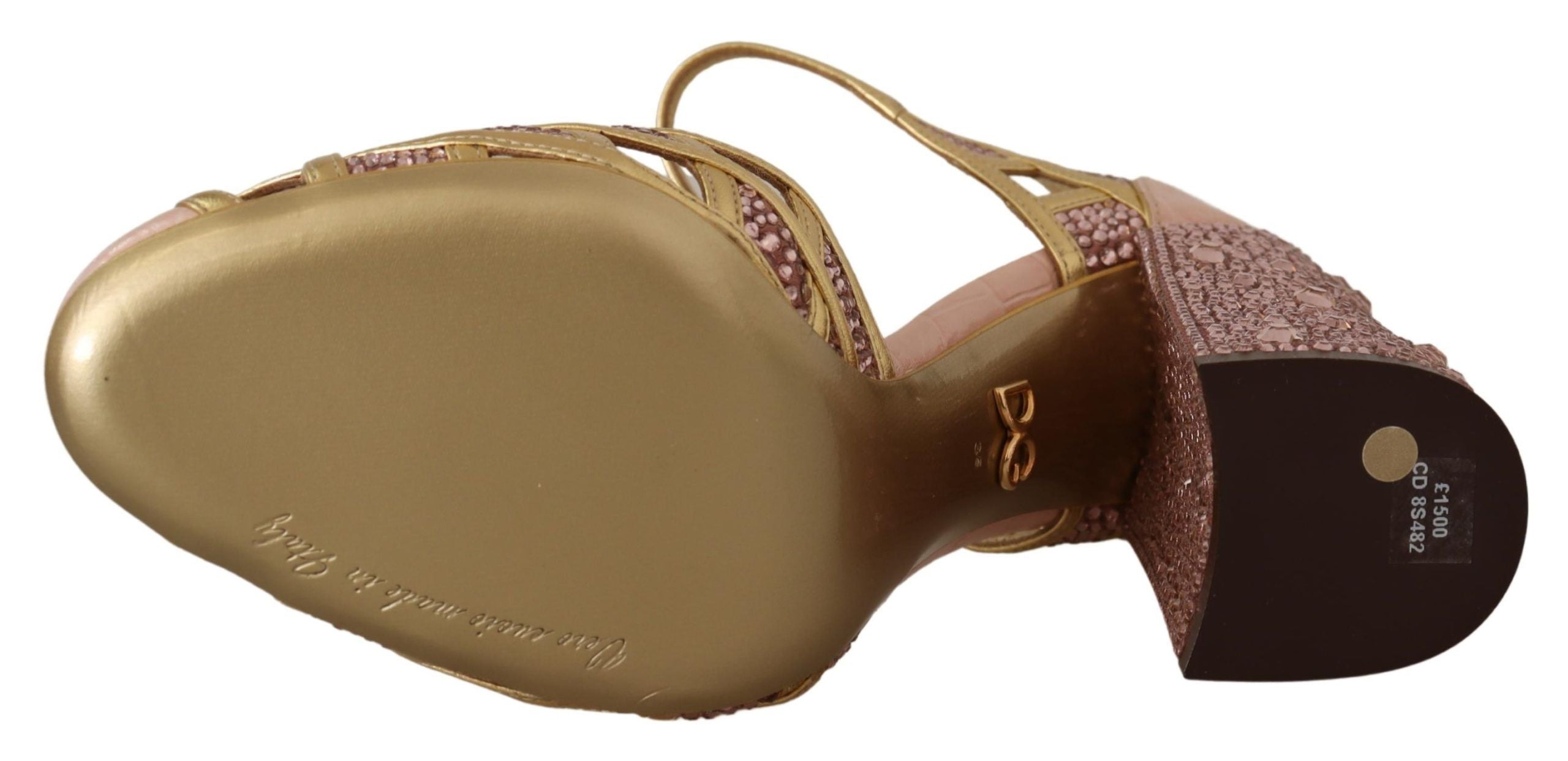 Chaussures Dolce & Gabbana en cuir rose et or avec cristaux, talons T-strap élégants pour femme.