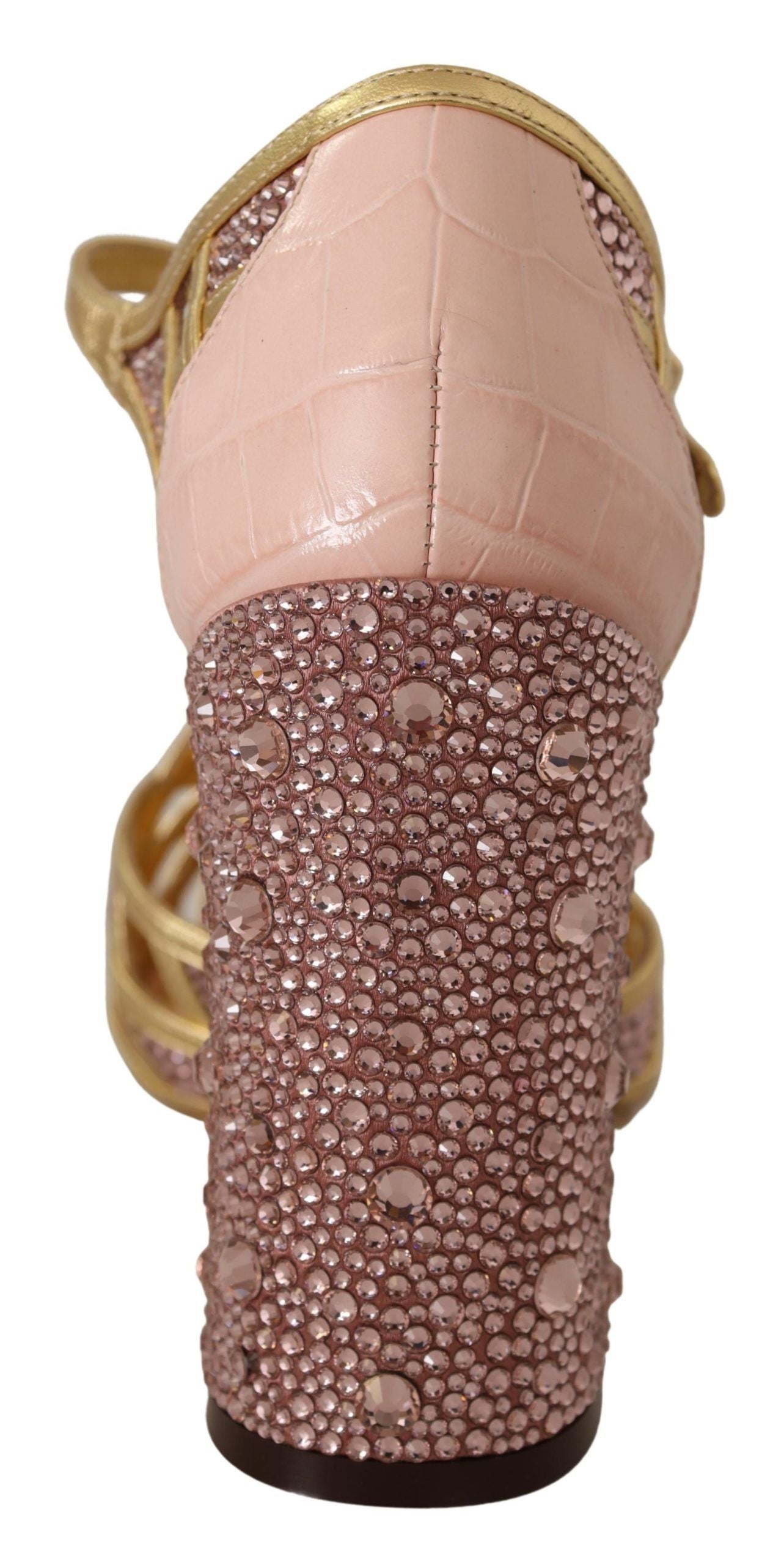 Chaussures à talons Dolce & Gabbana en cuir rose et or avec cristaux, style T-strap élégante et sophistiquée.