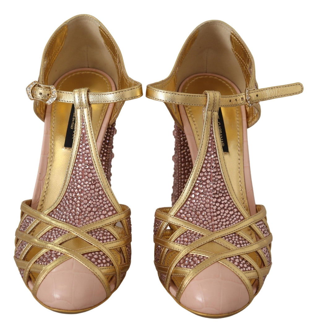 Chaussures à talons Dolce & Gabbana en cuir rose or avec cristaux et bride T-strap, élégantes et sophistiquées.