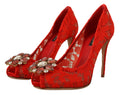 Escarpins rouges Dolce & Gabbana Taormina en dentelle avec cristaux, élégants et sophistiqués, vus de côté.