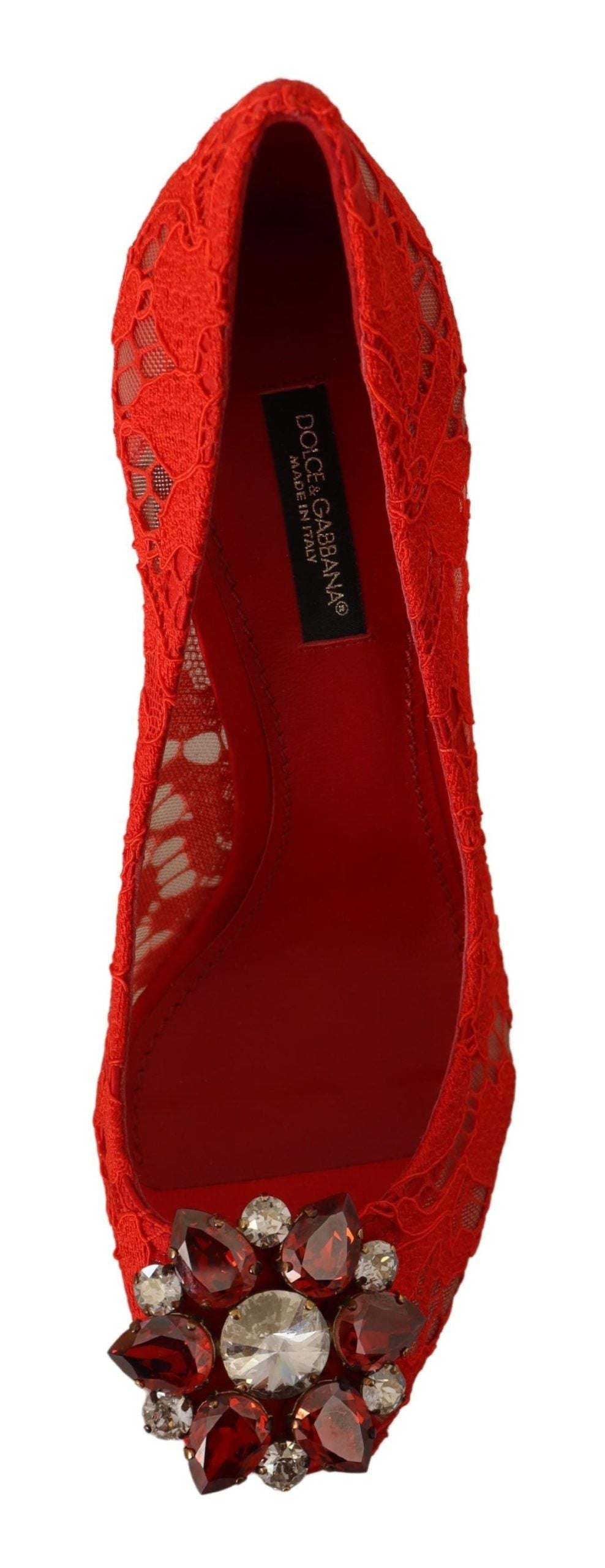 Escarpins rouges Dolce & Gabbana Taormina en dentelle avec cristaux, talons hauts élégants pour femmes.