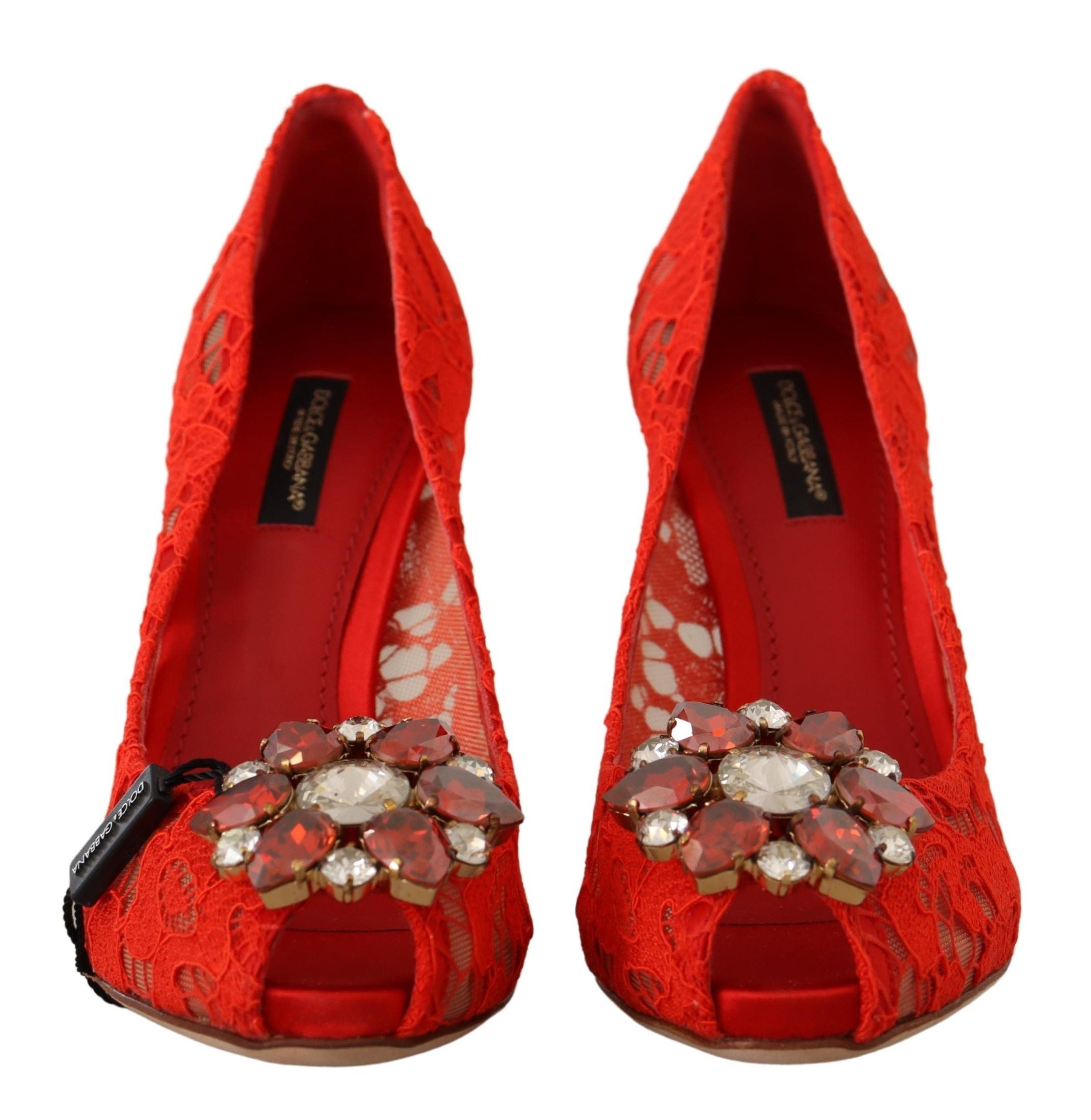 Escarpins rouges Dolce & Gabbana Taormina en dentelle avec cristaux, élégants et sophistiqués, pour femme.