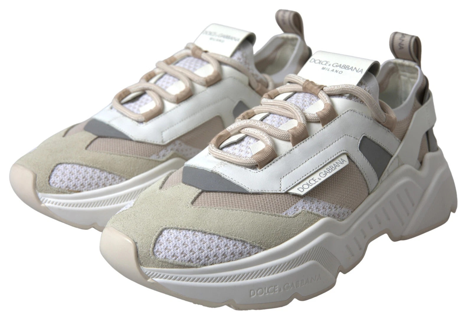 Chaussures de sport Dolce & Gabbana Daymaster en cuir blanc et beige, baskets élégantes pour homme.